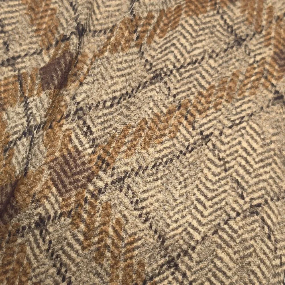 Vintage Anne Klein Silk Reversible Fringed Scarf Plaid Herringbone Tan Brown